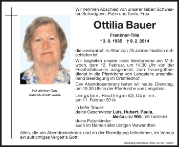 Traueranzeige von Ottilia Bauer von Dolomiten