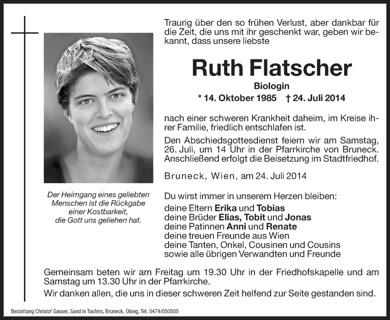  Traueranzeige für Ruth Flatscher vom 25.07.2014 aus Dolomiten