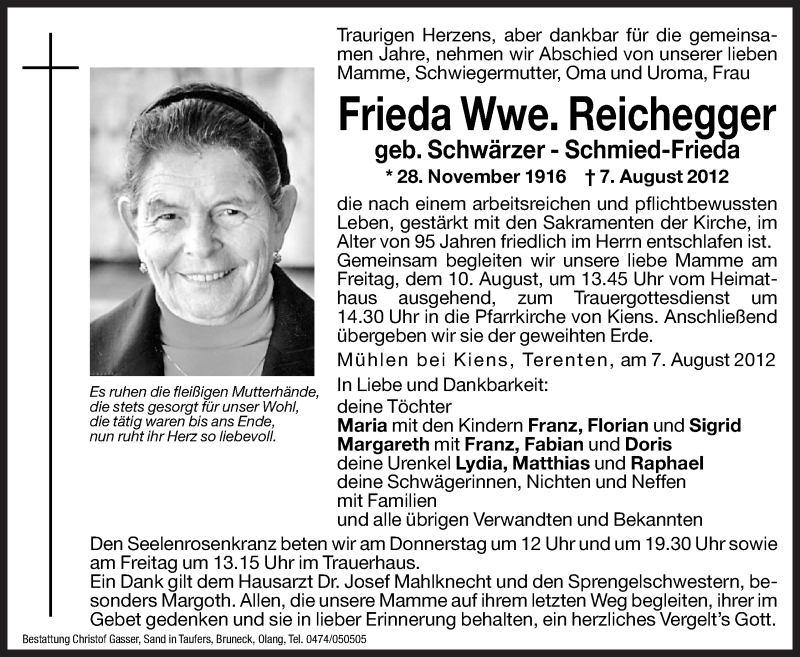  Traueranzeige für Frieda Reichegger vom 09.08.2012 aus Dolomiten