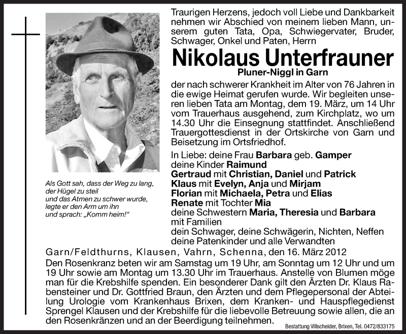  Traueranzeige für Nikolaus Unterfrauner vom 17.03.2012 aus Dolomiten