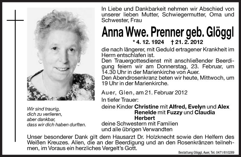  Traueranzeige für Anna Prenner vom 22.02.2012 aus Dolomiten