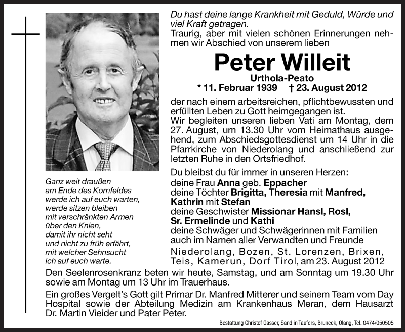  Traueranzeige für Peter Willeit vom 25.08.2012 aus Dolomiten