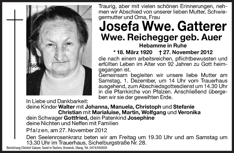  Traueranzeige für Josefa Reichegger vom 30.11.2012 aus Dolomiten