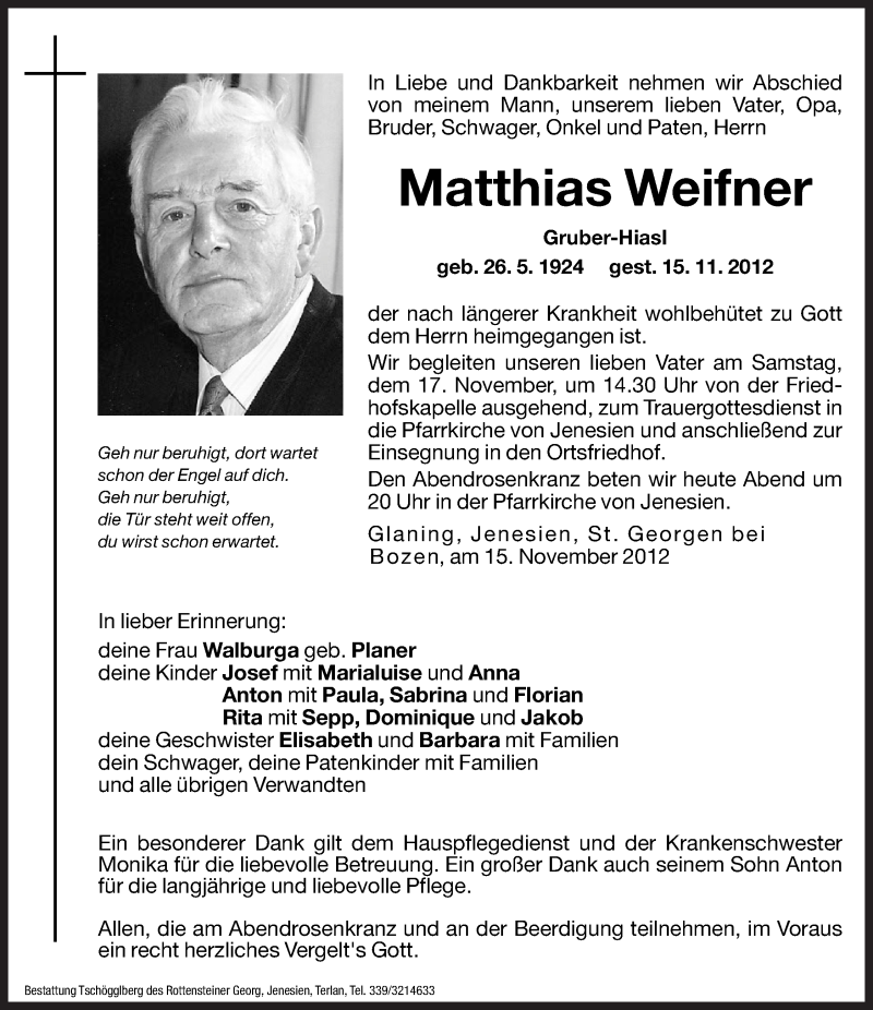  Traueranzeige für Matthias Weifner vom 16.11.2012 aus Dolomiten