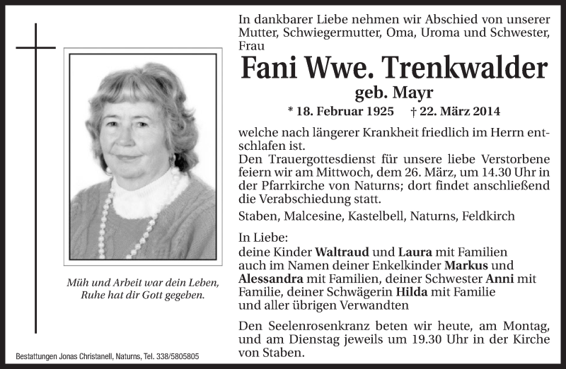  Traueranzeige für Fani Trenkwalder vom 24.03.2014 aus Dolomiten