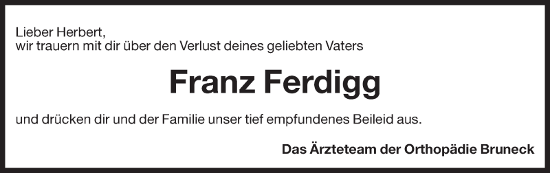  Traueranzeige für Franz Ferdigg vom 15.07.2014 aus Dolomiten