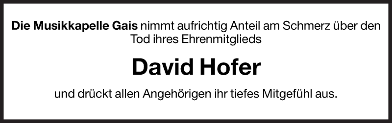  Traueranzeige für David Hofer vom 14.03.2013 aus Dolomiten