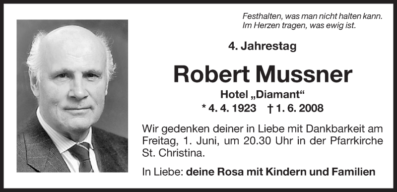  Traueranzeige für Robert Musser vom 31.05.2012 aus Dolomiten