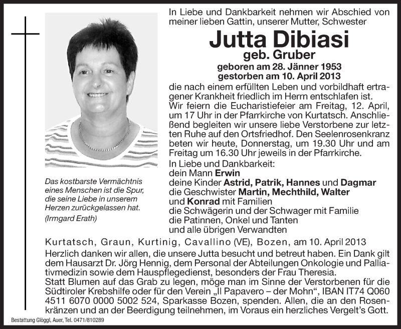  Traueranzeige für Jutta Dibiasi vom 11.04.2013 aus Dolomiten