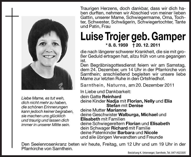  Traueranzeige für Luise Trojer vom 23.12.2011 aus Dolomiten