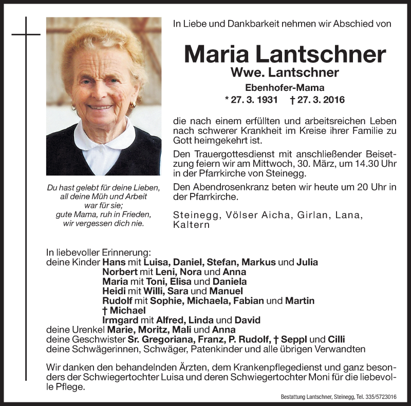  Traueranzeige für Maria Lantschner vom 29.03.2016 aus Dolomiten