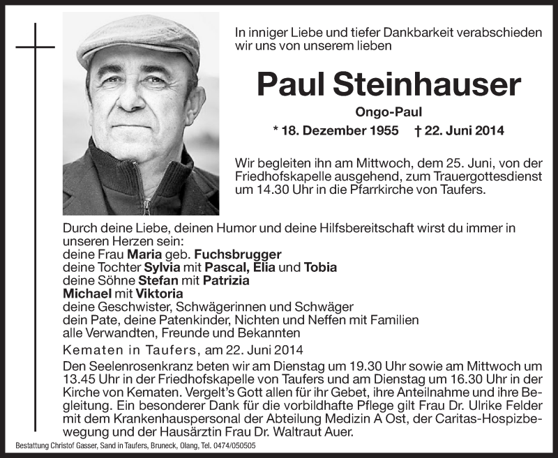  Traueranzeige für Paul Steinhauser vom 24.06.2014 aus Dolomiten