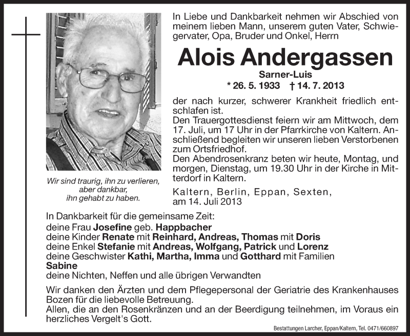  Traueranzeige für Alois Andergassen vom 15.07.2013 aus Dolomiten