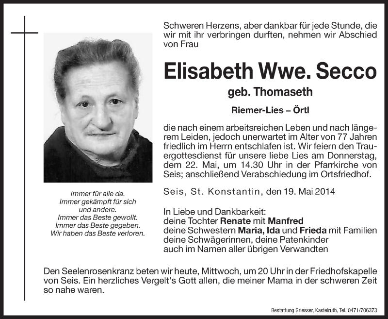  Traueranzeige für Elisabeth Secco vom 21.05.2014 aus Dolomiten