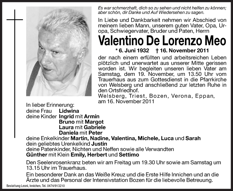  Traueranzeige für Valentino De Lorenzo Meo vom 18.11.2011 aus Dolomiten