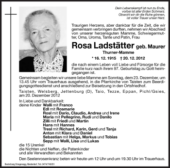 Traueranzeige von Rosa Ladstätter von Dolomiten