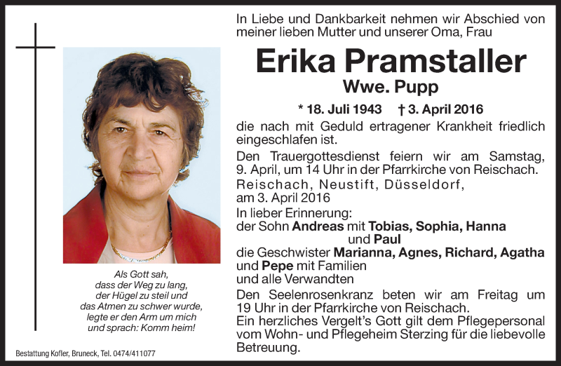  Traueranzeige für Erika Pupp vom 08.04.2016 aus Dolomiten