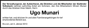Traueranzeige von Ugo Munari von Dolomiten