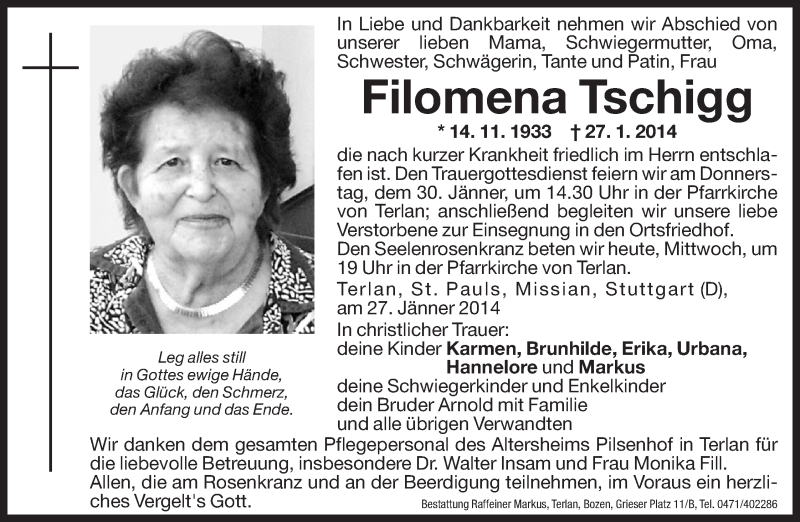  Traueranzeige für Filomena Tschigg vom 29.01.2014 aus Dolomiten