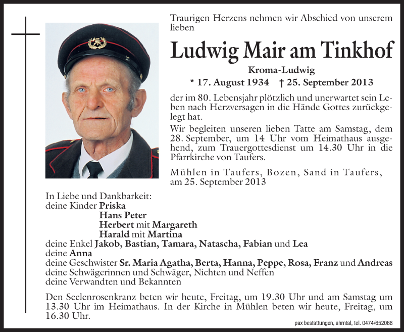  Traueranzeige für Ludwig Mair am Tinkhof vom 27.09.2013 aus Dolomiten