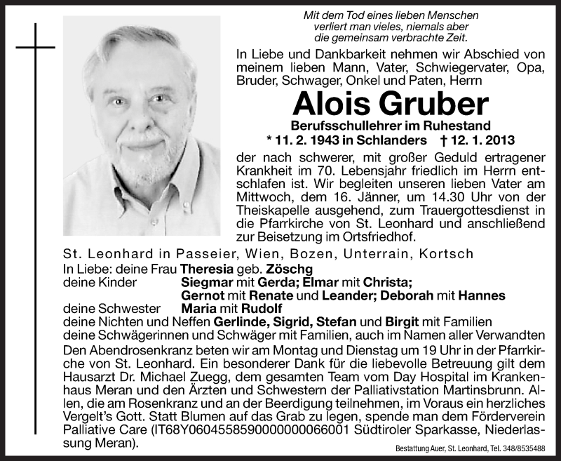  Traueranzeige für Alois Gruber vom 14.01.2013 aus Dolomiten