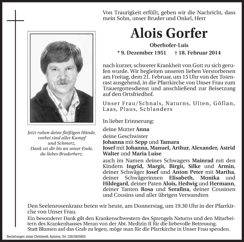  Traueranzeige für Alois Gorfer vom 20.02.2014 aus Dolomiten