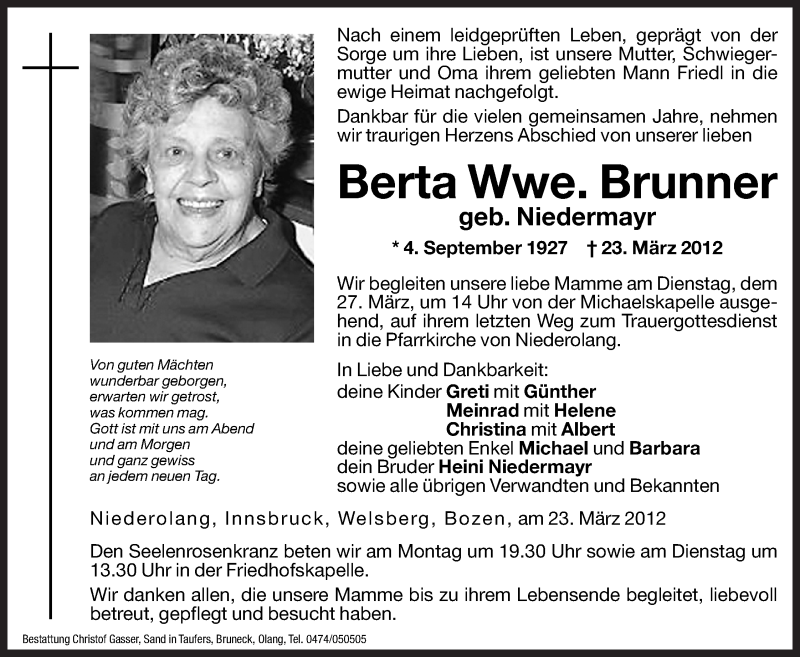  Traueranzeige für Berta Brunner vom 26.03.2012 aus Dolomiten