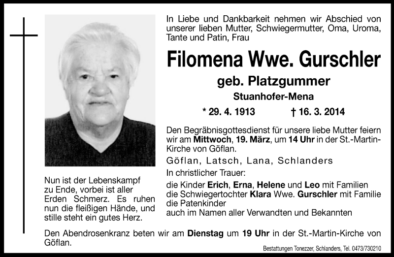  Traueranzeige für Filomena Gurschler vom 17.03.2014 aus Dolomiten