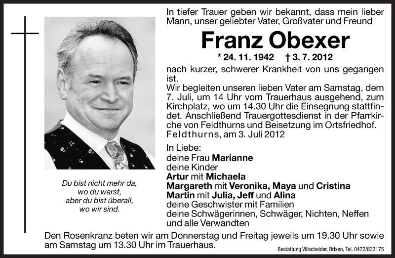  Traueranzeige für Franz Obexer vom 05.07.2012 aus Dolomiten