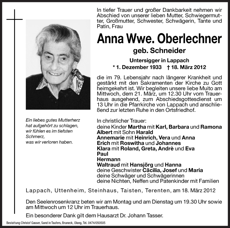  Traueranzeige für Anna Oberlechner vom 19.03.2012 aus Dolomiten