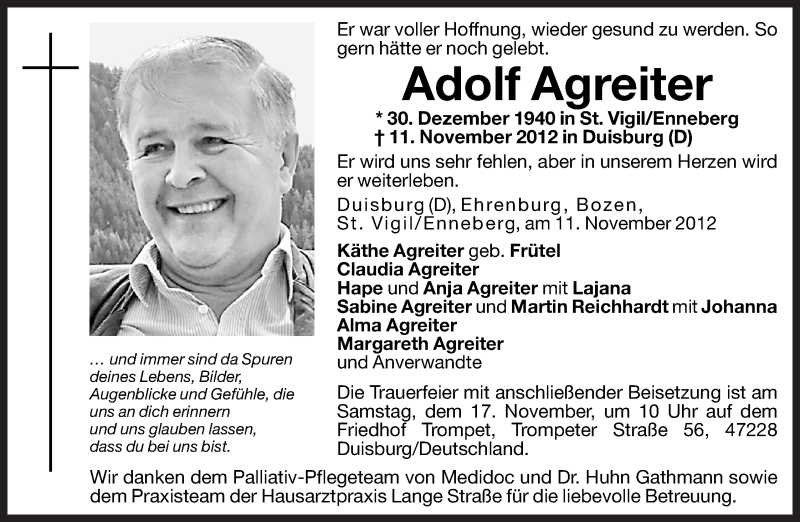  Traueranzeige für Adolf Agreiter vom 14.11.2012 aus Dolomiten