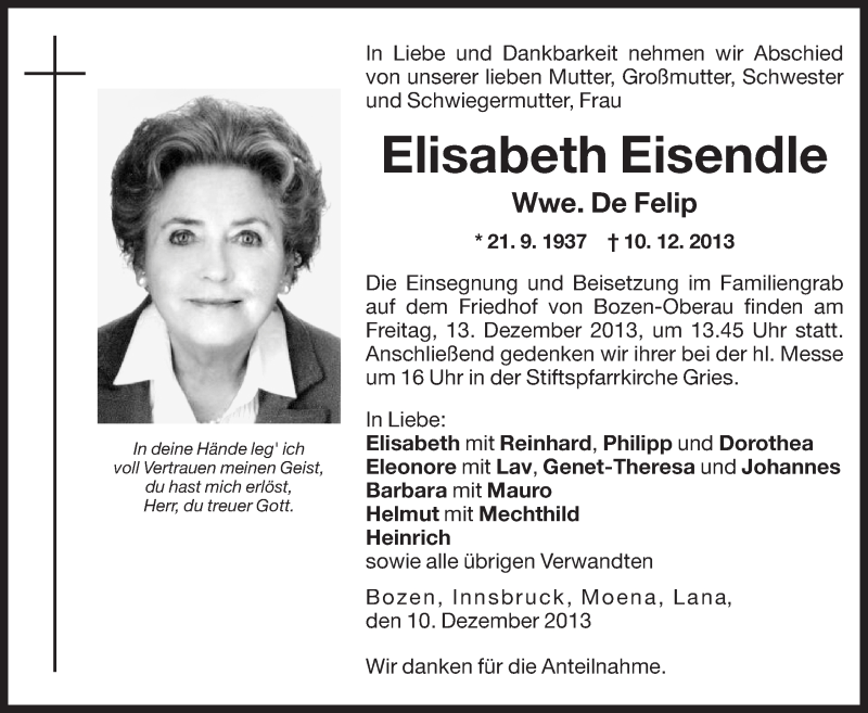  Traueranzeige für Elisabeth De Felip vom 12.12.2013 aus Dolomiten