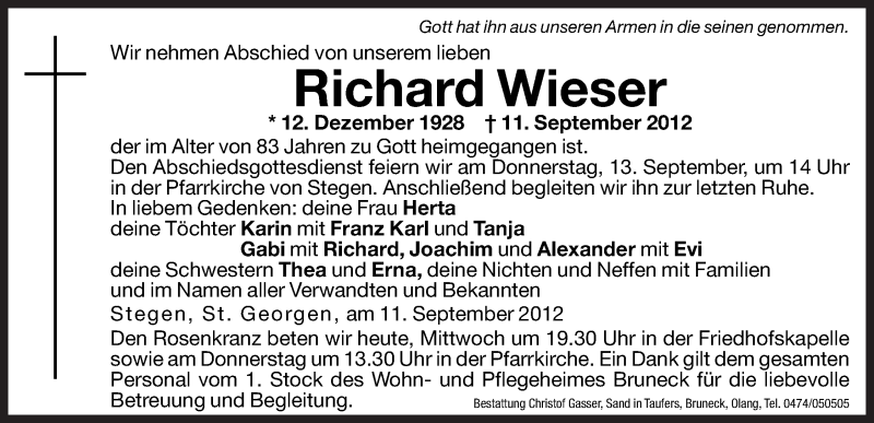  Traueranzeige für Richard Wieser vom 12.09.2012 aus Dolomiten