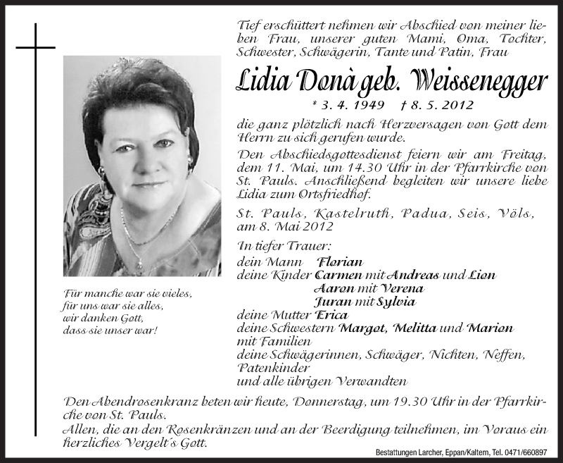  Traueranzeige für Lidia Dona vom 10.05.2012 aus Dolomiten