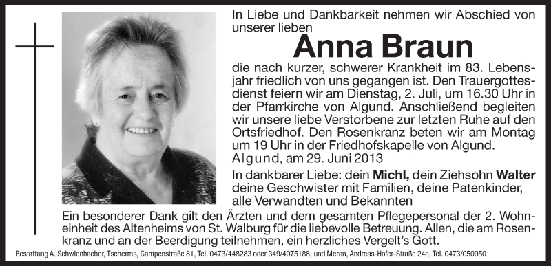  Traueranzeige für Anna Braun vom 01.07.2013 aus Dolomiten