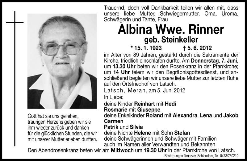  Traueranzeige für Albina Rinner vom 06.06.2012 aus Dolomiten