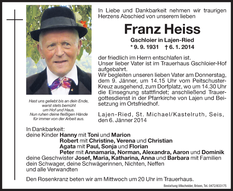  Traueranzeige für Franz Heiss vom 08.01.2014 aus Dolomiten