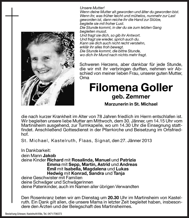  Traueranzeige für Filomena Goller vom 29.01.2013 aus Dolomiten