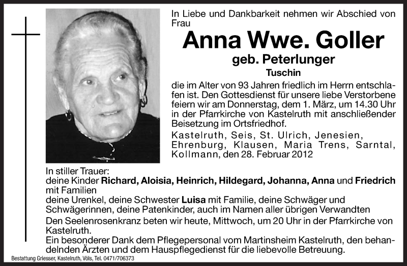  Traueranzeige für Anna Goller vom 29.02.2012 aus Dolomiten