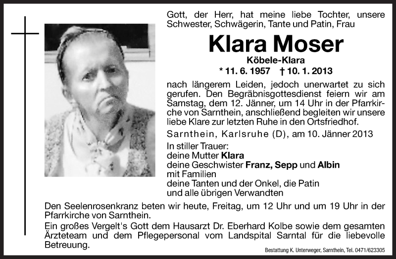  Traueranzeige für Klara Moser vom 11.01.2013 aus Dolomiten