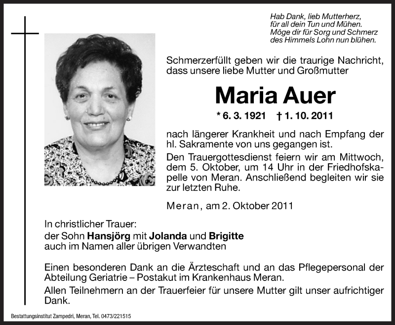  Traueranzeige für Maria Auer vom 04.10.2011 aus Dolomiten