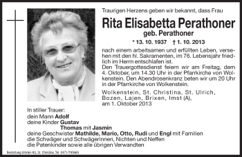 Traueranzeige von Rita Elisabetta Perathoner von Dolomiten