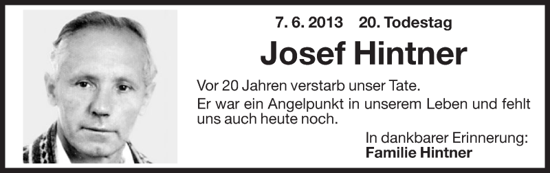  Traueranzeige für Josef Hintner vom 08.06.2013 aus Dolomiten