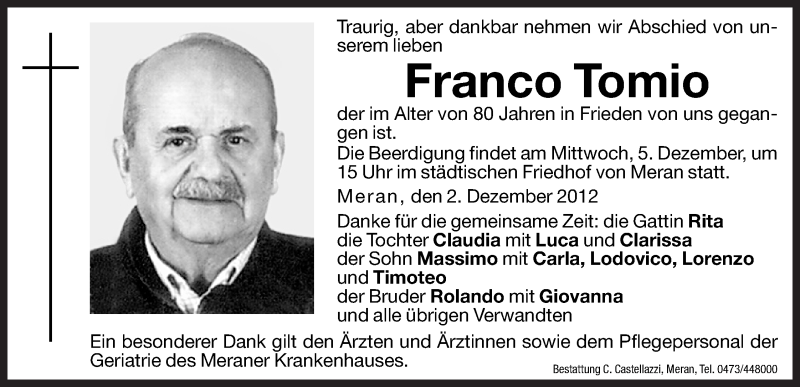  Traueranzeige für Franco Tomio vom 03.12.2012 aus Dolomiten