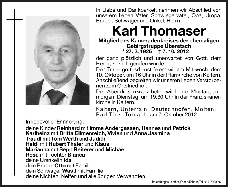  Traueranzeige für Karl Thomaser vom 08.10.2012 aus Dolomiten