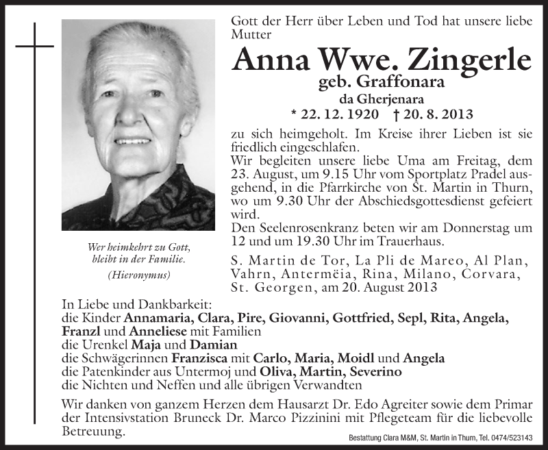  Traueranzeige für Anna Zingerle vom 22.08.2013 aus Dolomiten