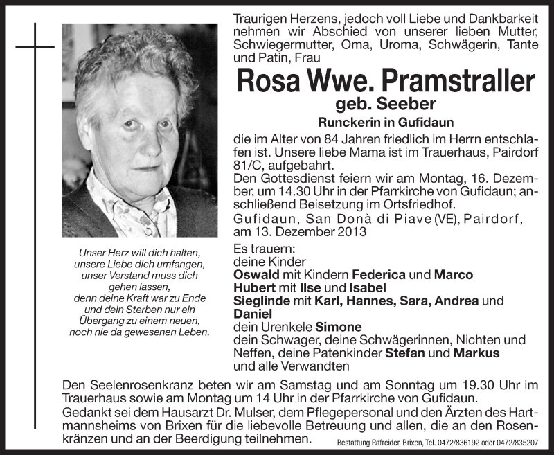  Traueranzeige für Rosa Pramstraller vom 14.12.2013 aus Dolomiten