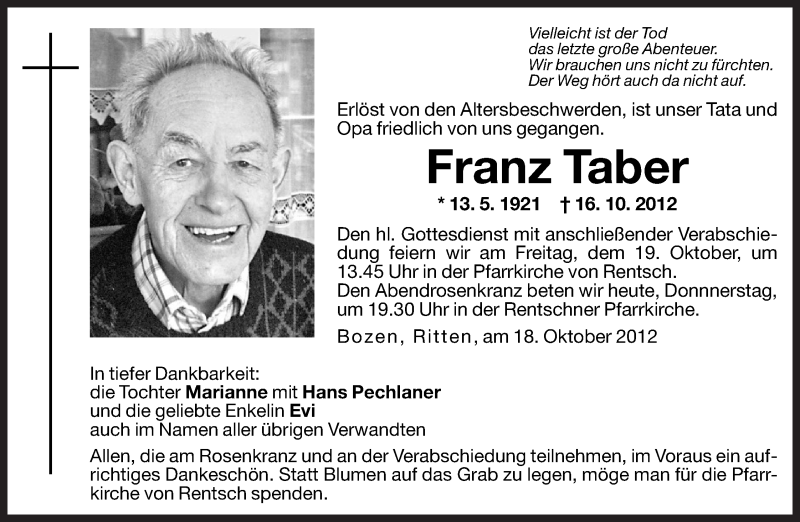  Traueranzeige für Franz Taber vom 18.10.2012 aus Dolomiten