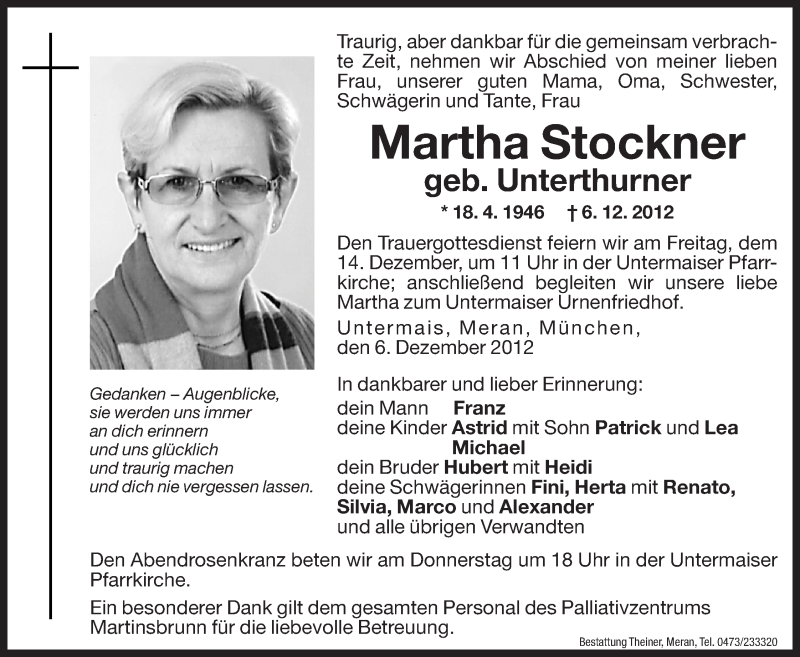  Traueranzeige für Martha Stockner vom 11.12.2012 aus Dolomiten