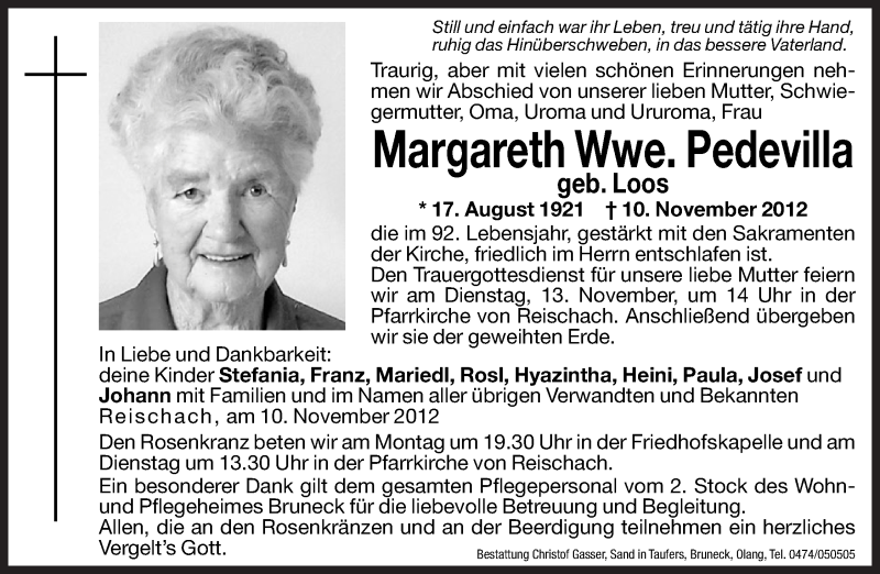  Traueranzeige für Margareth Pedevilla vom 12.11.2012 aus Dolomiten